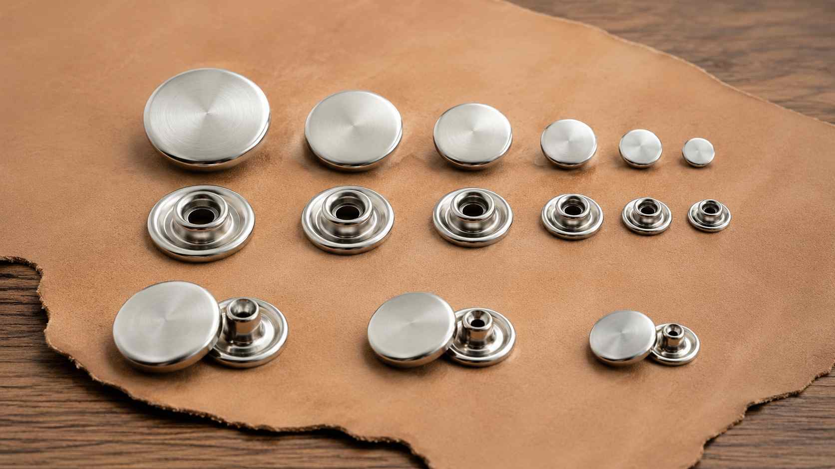 stainless steel snap buttons, Stainless steel snap buttons in several sizes are displayed with matching sockets, studs, and posts on brown leather.